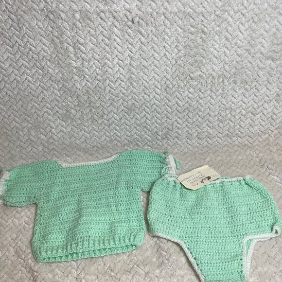 Vintage Handmade Light Green Knitted 2 piece Infant Outfit OS OOAK - Picture 3 of 10